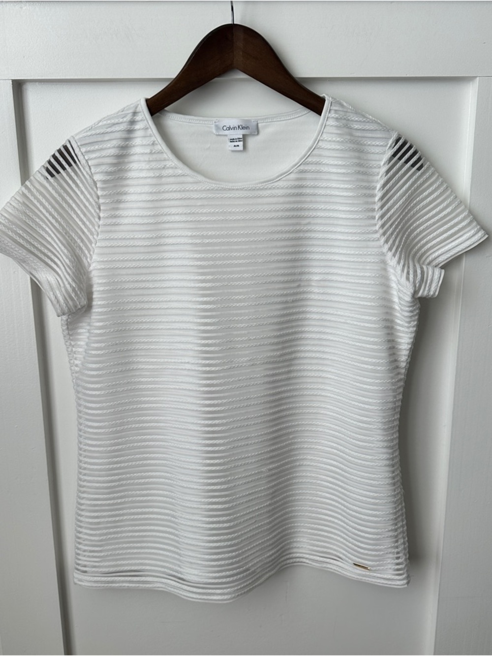 Calvin Klein White Short Sleeve Striped Texture Crewneck Top
